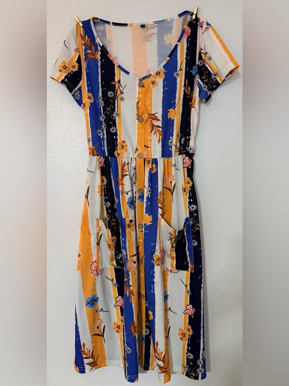 Women’s M Floral Stripe Button Front Midi Dress Pockets Blue Mustard